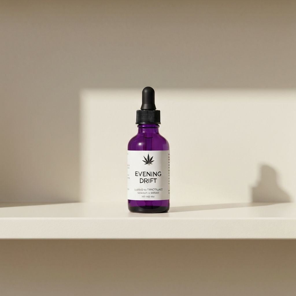 Liquid tincture bottle with dropper labeled Evening Drift on shelf