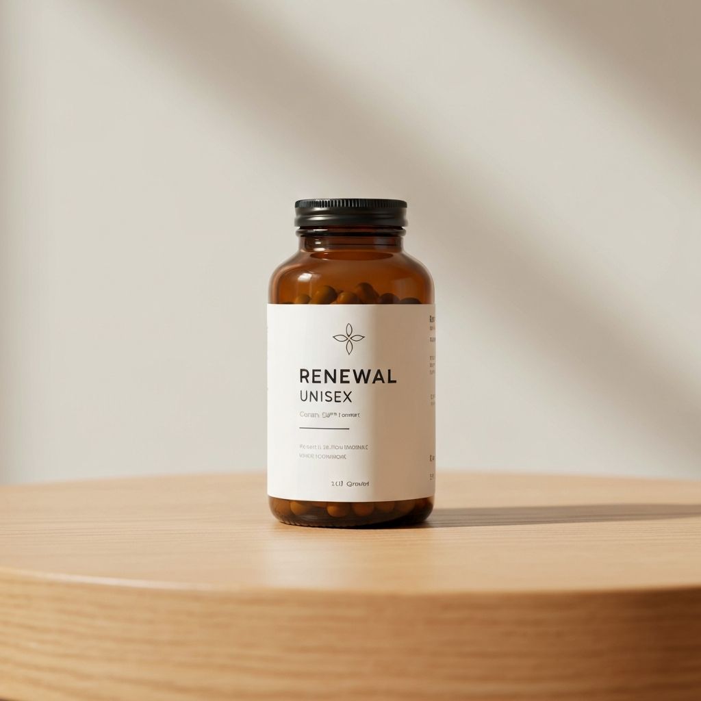 Unisex wellness capsule blend in sleek container on natural surface